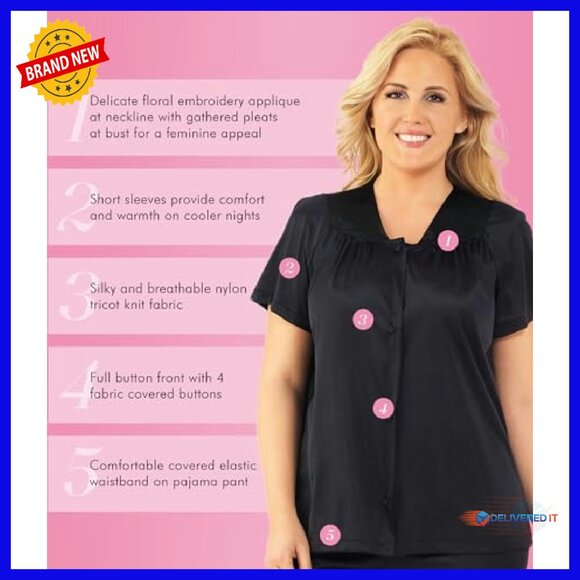 Soft Nylon Pajama Set with Floral Embroidery, Short Sleeve, Elastic Waist - Picture 6 of 6